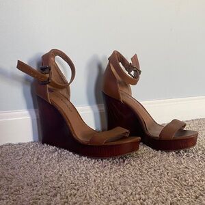Lucky Brand Brown Tan Leather Ankle-Strap Wedge Sandals
